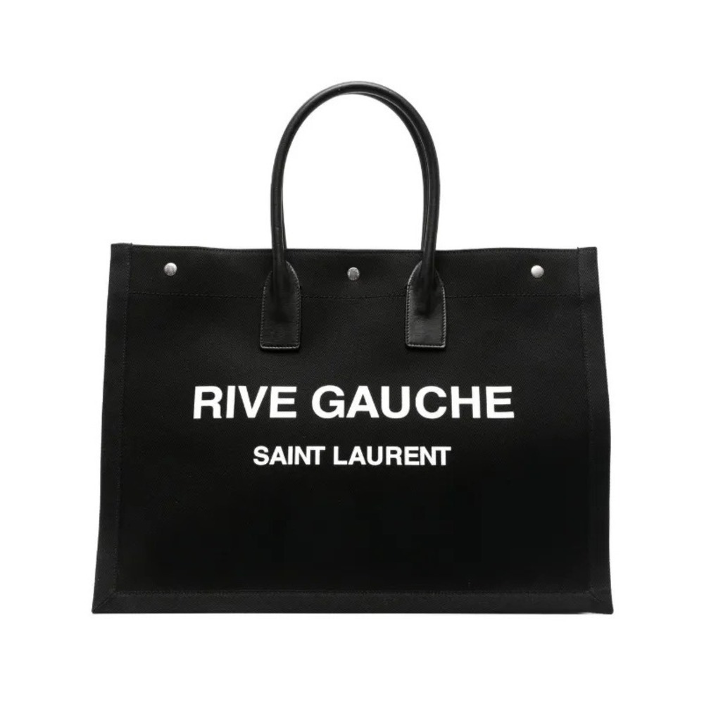 Saint Laurent Rive Gauche Tote Bag Large Black Canvas Leather Logo Chic Carryall